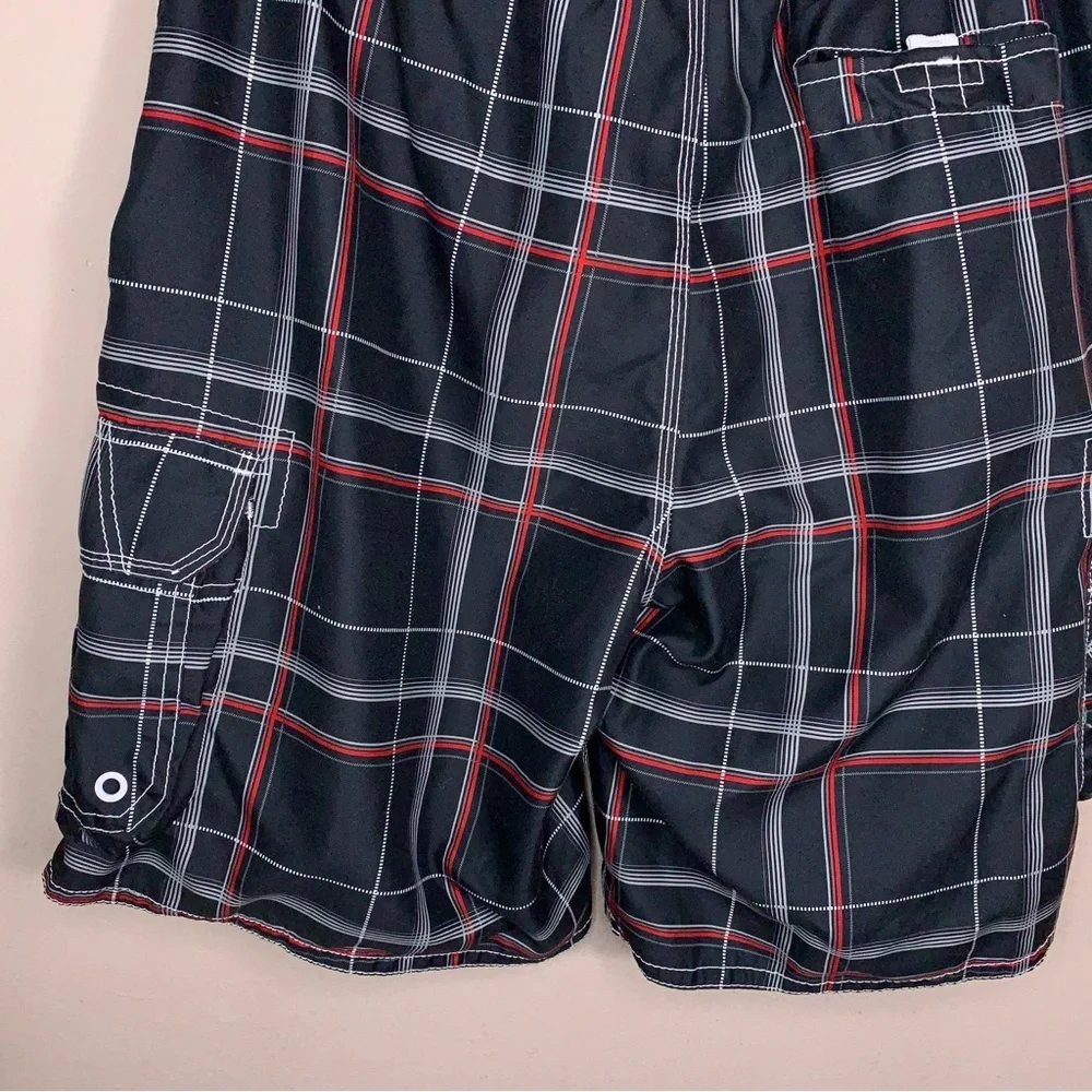 Medium OP Swim Board Trunks Shorts Black White Red Plaid Cargo Pockets